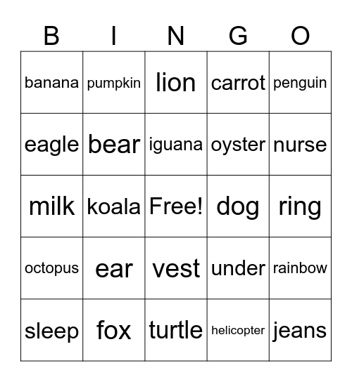 Up to Letter V Bingo Card