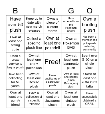 Pokeplush Collectors Bingo Card