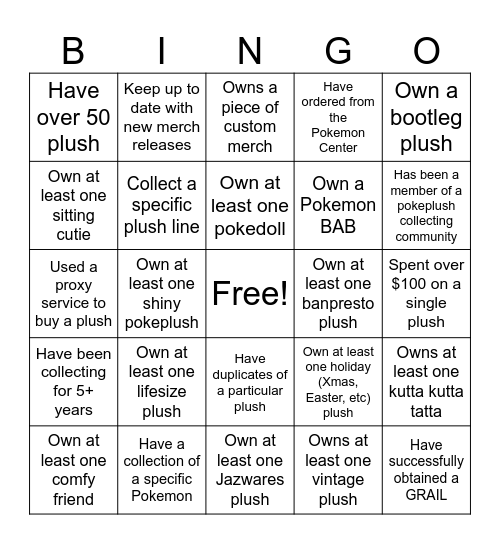 Pokeplush Collectors Bingo Card