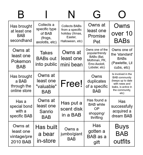 BAB Collector Bingo Card
