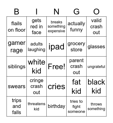 Spoiled kids crash out Bingo Card