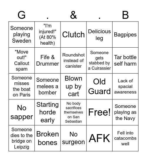 Guts & Blackpowder Bingo Card