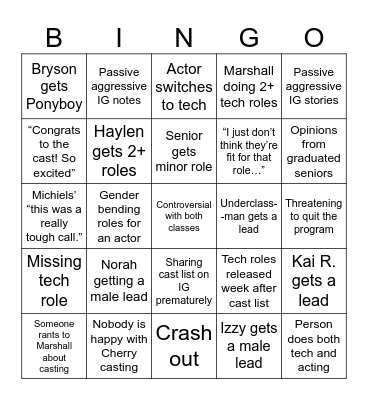 Outsiders Audition Bingo Card