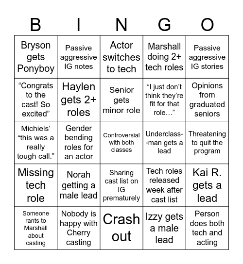 Outsiders Audition Bingo Card