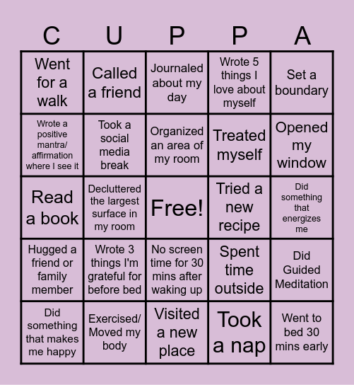 Self Care Bingo ♡ @teawithadri Bingo Card