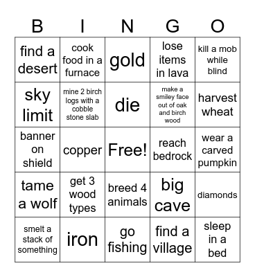 Minecraft bingo Card