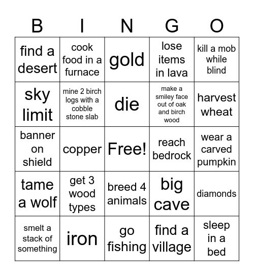 Minecraft bingo Card