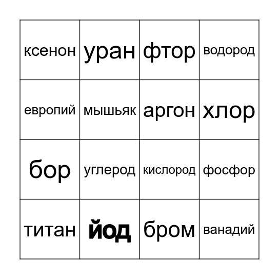 химическое бинго Bingo Card