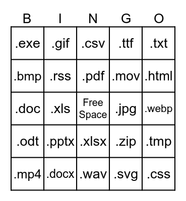 Computer File Types Bingo Card