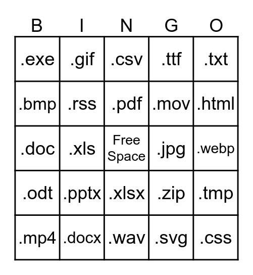 Computer File Types Bingo Card