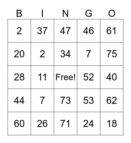 Number Bingo 1-75 Bingo Card