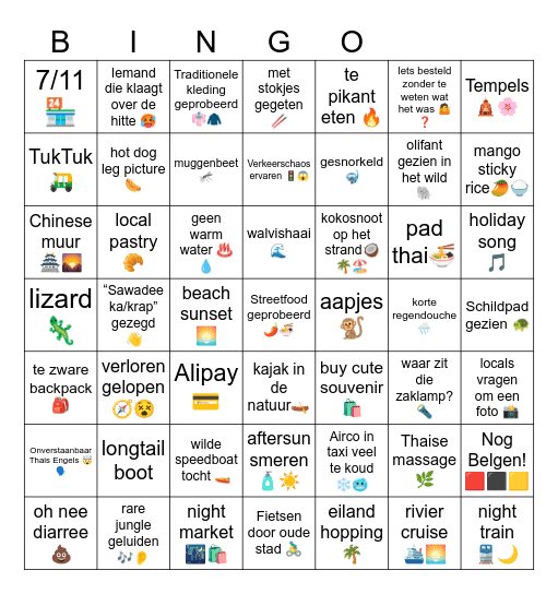 Thailand Bingo Card Bingo Card