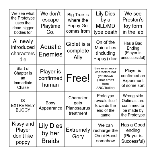 Poppy Playtime Chapter 5 Bingo Card