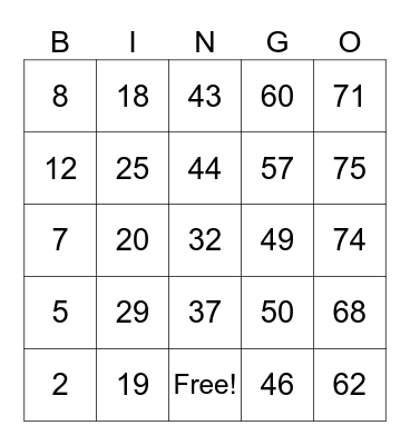 Number bingo 1-75 Bingo Card