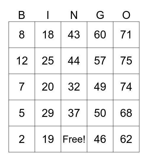 Number bingo 1-75 Bingo Card