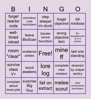 GTFO night Bingo Card