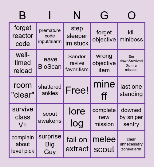 GTFO night Bingo Card