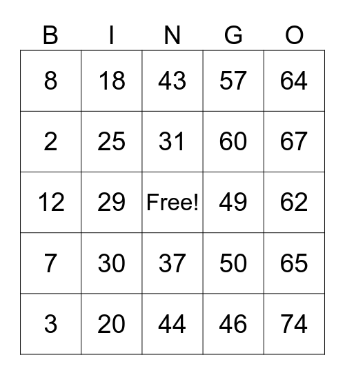 Number Bingo 1-75 Bingo Card