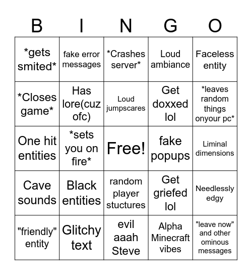 Minecraft ARG "horror" bingo Card