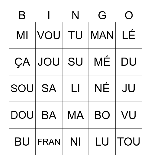 Les sons en français Bingo Card