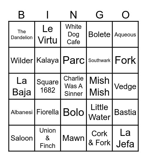 Restaurants Bingo Card