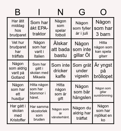 Bröllops Bingo Card