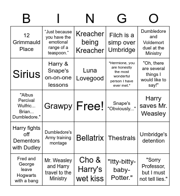 Harry Potter and the Order of the Phoenix Bingo Card