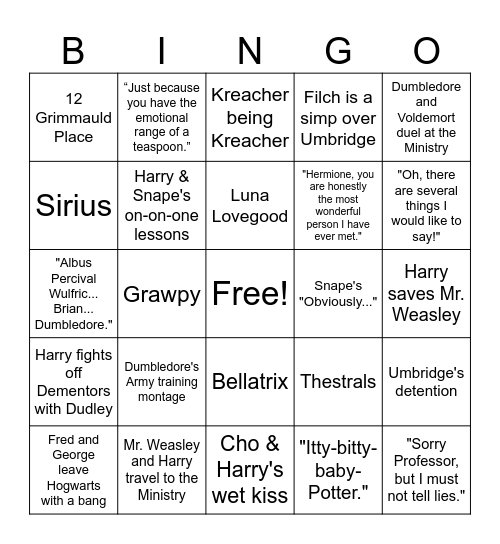 Harry Potter and the Order of the Phoenix Bingo Card