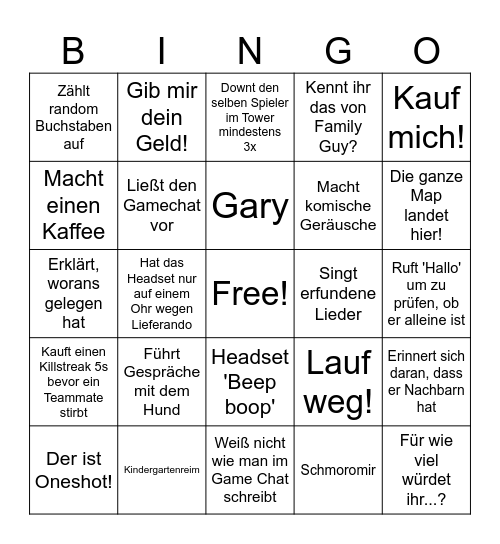 Niki Warzone Bingo Card