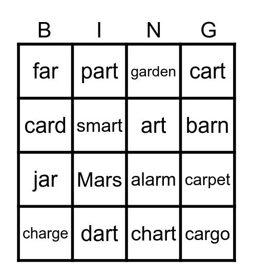 -ar Controlled Vowels Bingo Card
