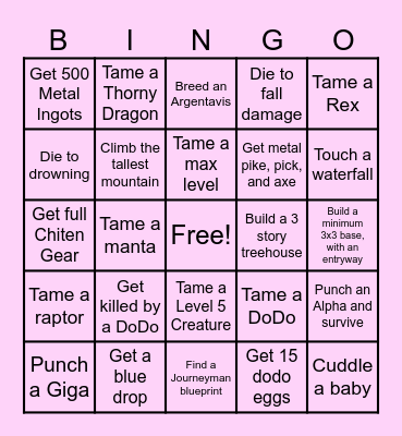 Ark Survival Bingo Card