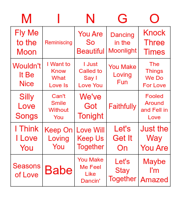 Love Songs Bingo Card