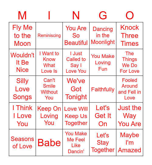 Love Songs Bingo Card