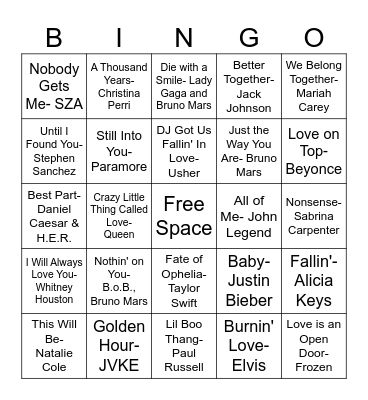 Valentine's Day Music BINGO Card
