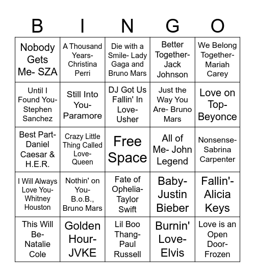 Valentine's Day Music BINGO Card