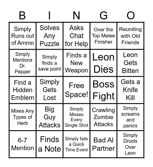 Resident Evil 2 Bingo Cards Bingo Card