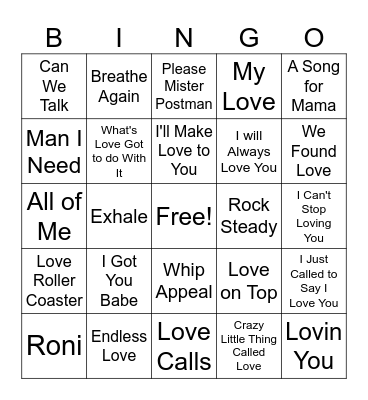 Love Song Singo Bingo Card