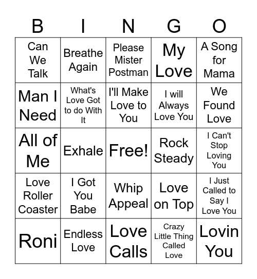 Love Song Singo Bingo Card