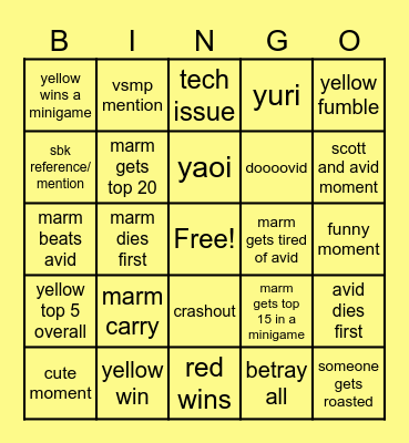 yellow team bingo Card