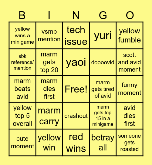yellow team bingo Card