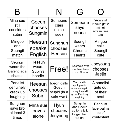 Singles Inferno Finale!! Bingo Card