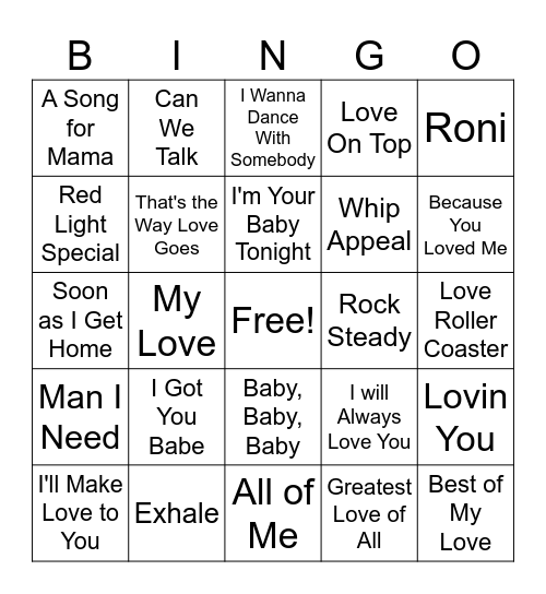 Love Song Singo 2 Bingo Card