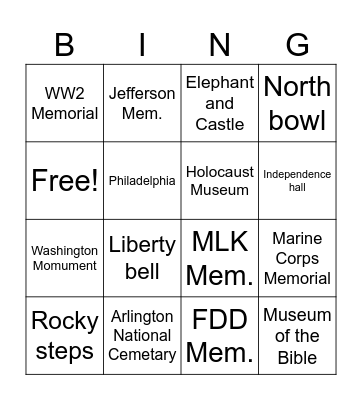 Washington DC Bingo Card