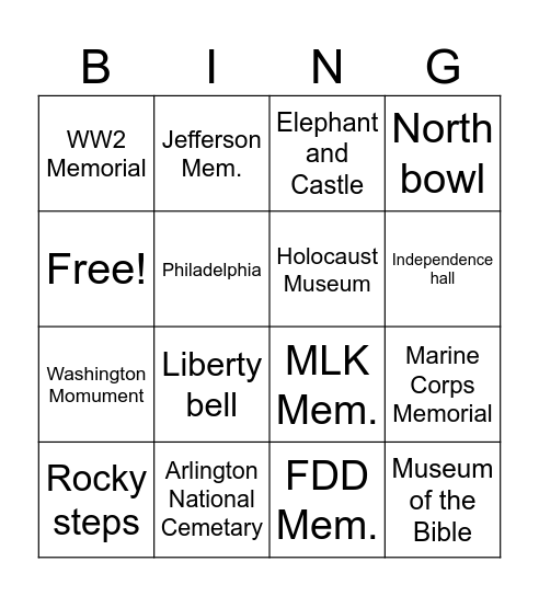 Washington DC Bingo Card