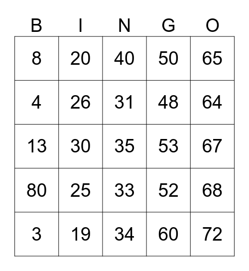 Number Bingo 1-75 Bingo Card