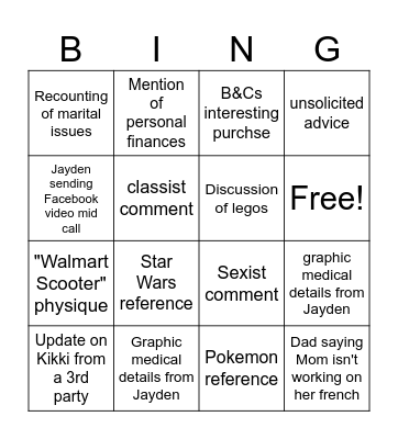 Family Call Bingo Card