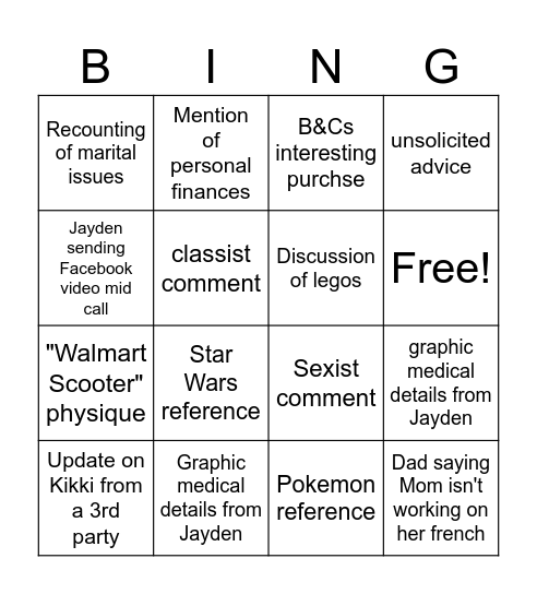 Family Call Bingo Card
