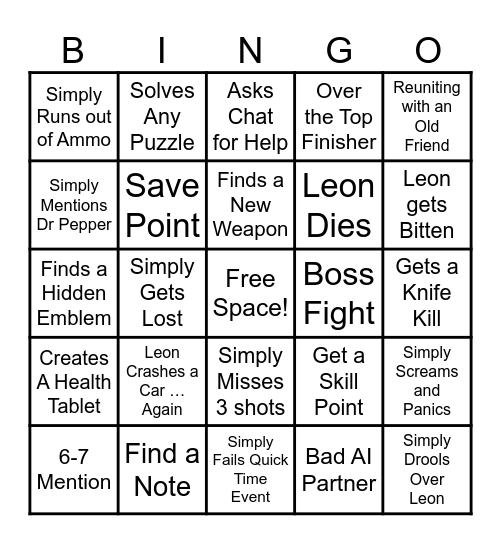 Resident Evil 6 Bingo Cards Bingo Card