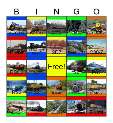 Chicago and North Western, Norfolk and Western, Grand Trunk, Northern Pacific, Canadian Pacific  and other Railroads in the 50's that I would like to take photos with Carmen one day Bingo Card