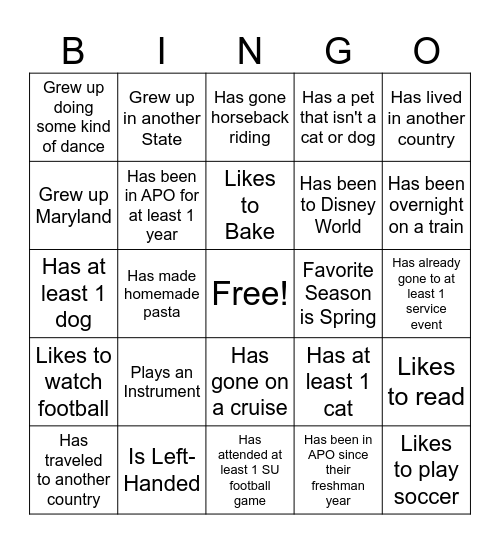 Fun Fact Bingo Card